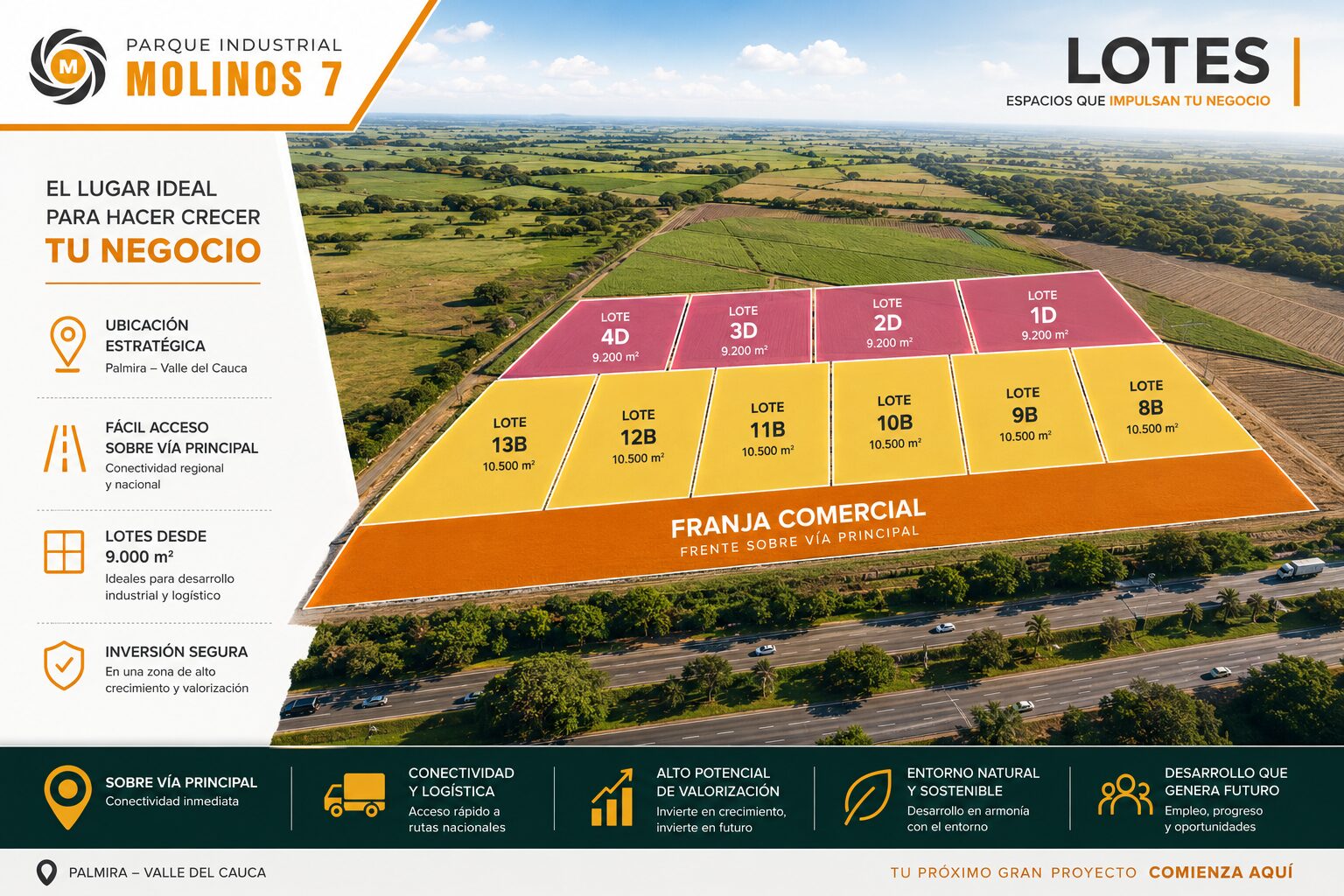 Lote de 10.000 M² en venta en el Parque Industrial Molinos 7, ubicado entre Cali y Palmira, Valle del Cauca
