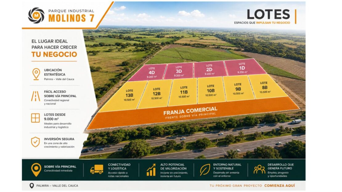 Lote de 10.000 M² se vende en el Parque Industrial Molinos 7, ubicado entre Cali y Palmira, Valle del Cauca